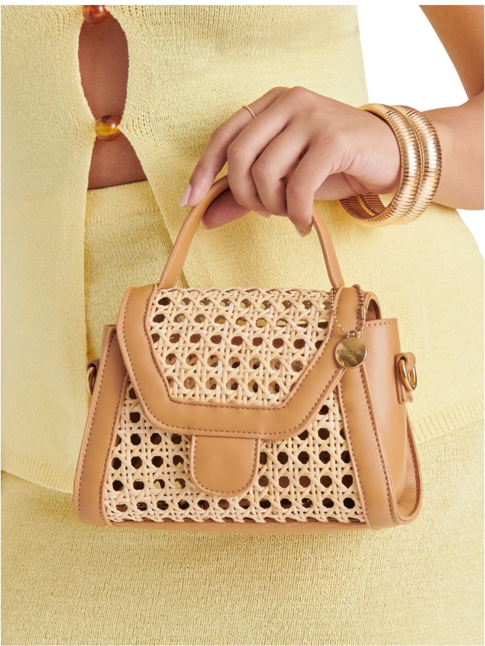 DOLCE VITA Tropez Handbag Woven Rattan Top-Handle Satchel Tan NWT $98 crossbody